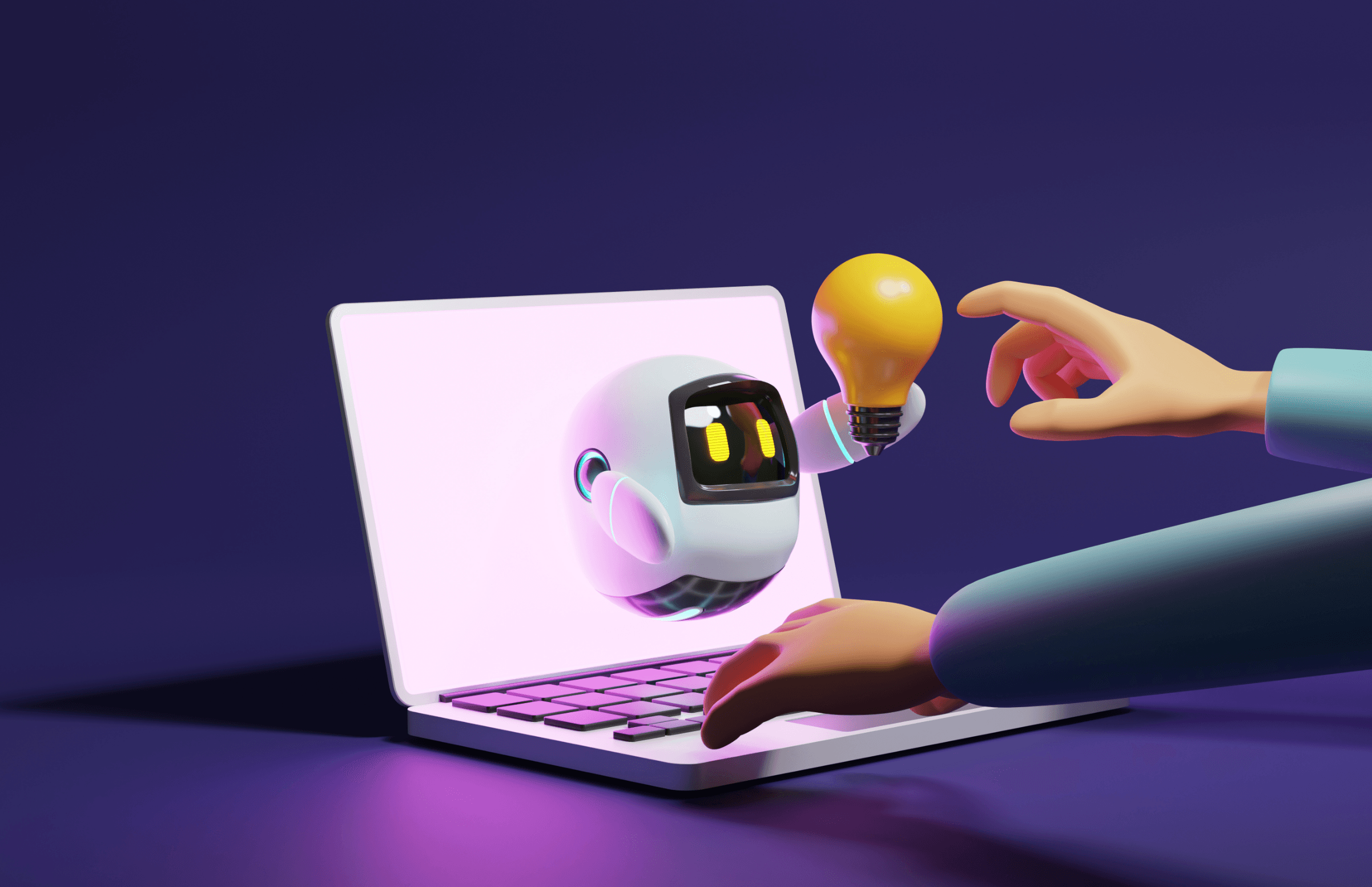 a 3D animation of a person using a laptop with an AI bot helping to show how to easily build an MVP with AI
