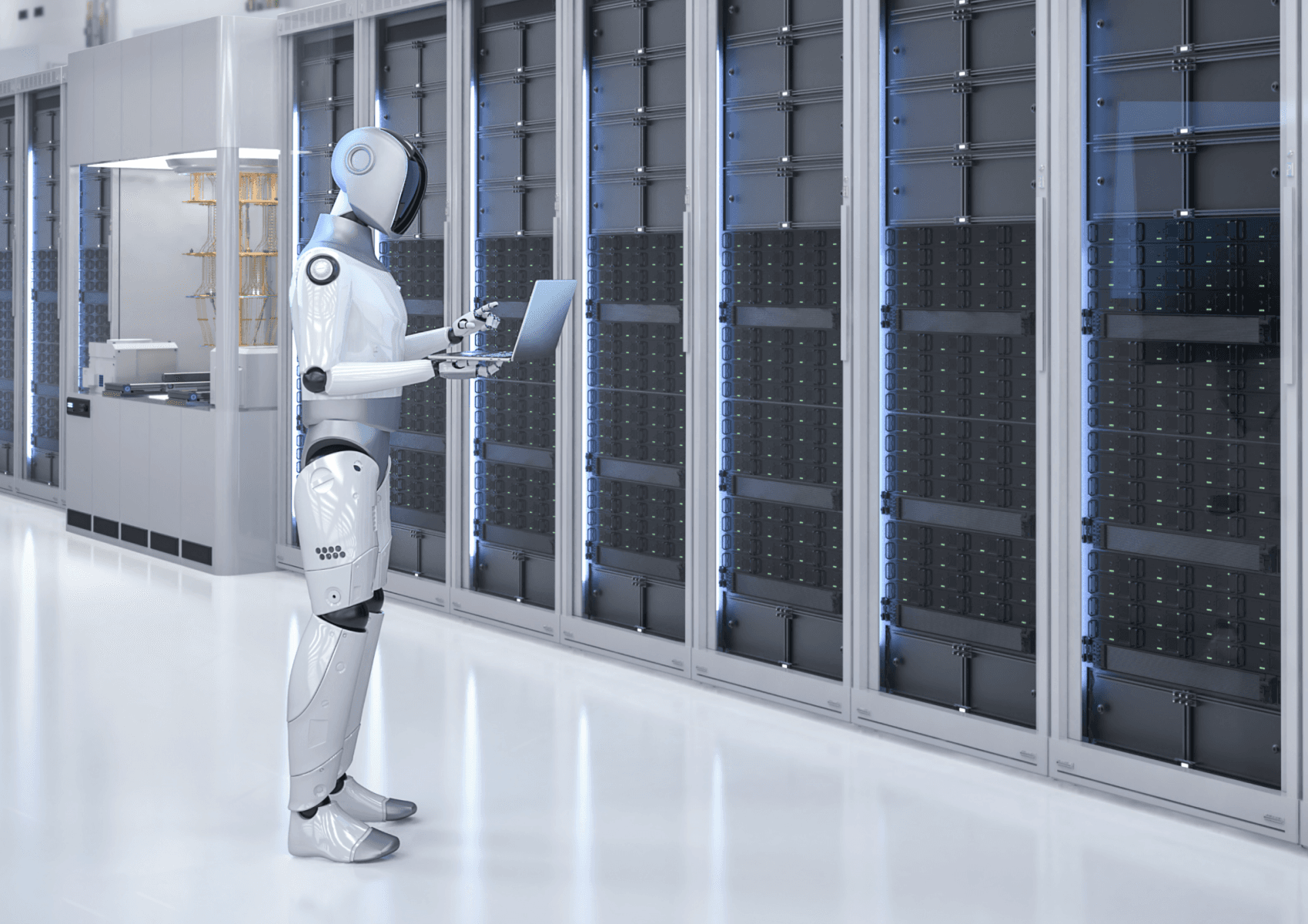 AI robot standing in a server room that illustrates an article about self-hosted ai